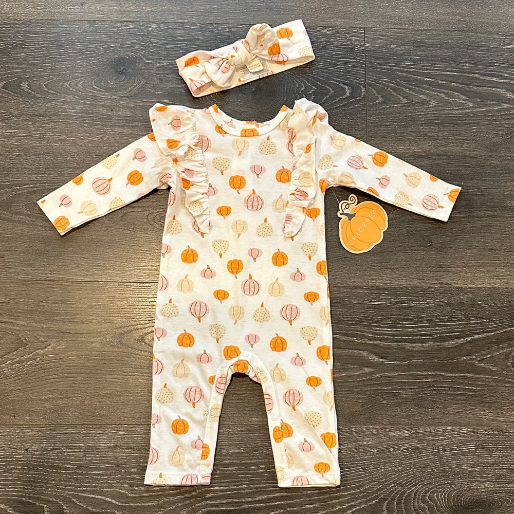 NWT! Pumpkin Print Kids One Piece with Headband